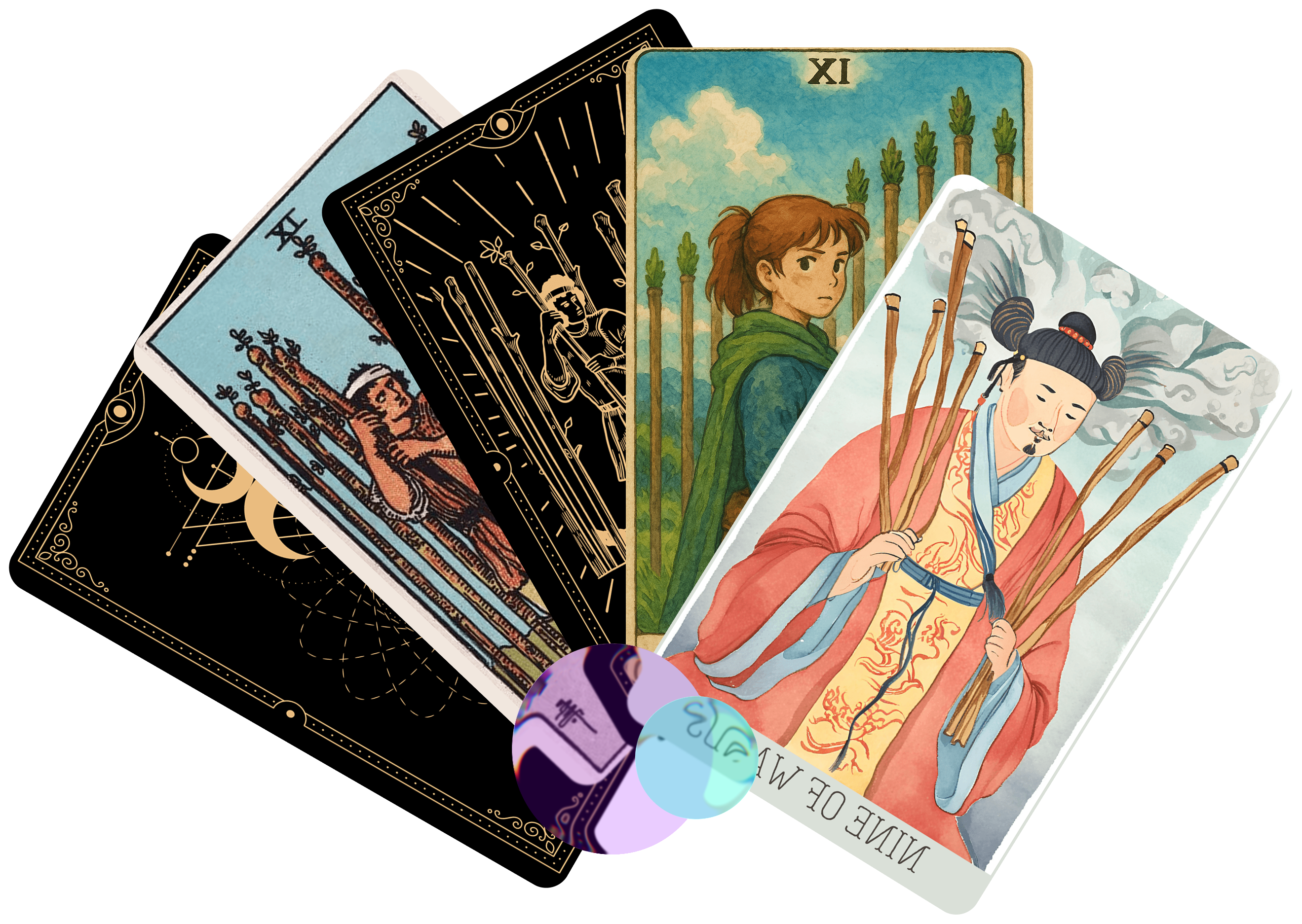 Tarot card imagery in multiple artistic styles